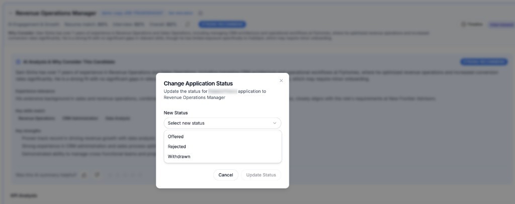 Change application status dialog with the candidate name hidden. The open menu shows Offered, Rejected, and Withdrawn.