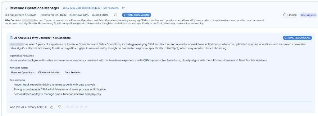 Example candidate review with the name hidden. It shows the job, interview and resume scores, and the written analysis a recruiter can read.